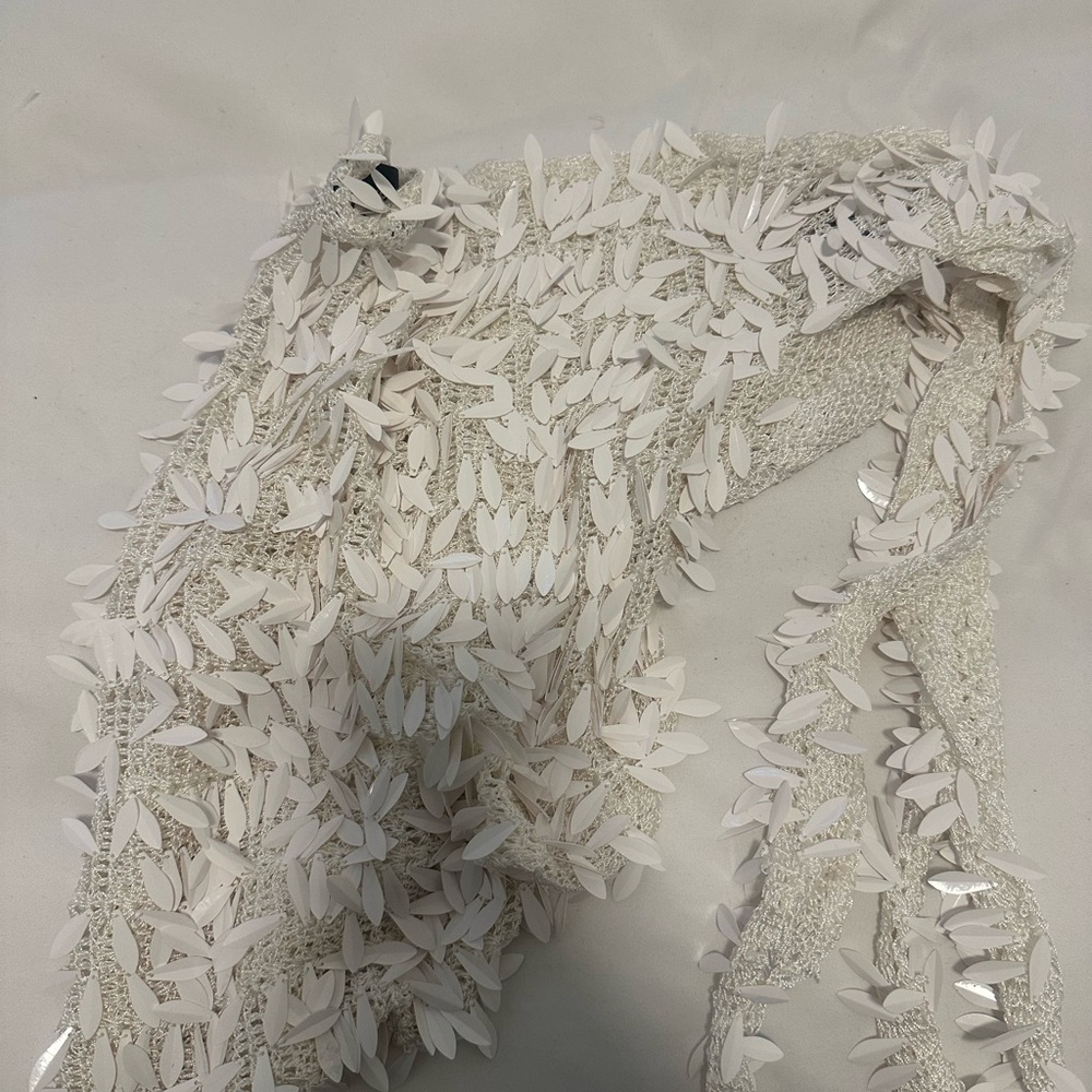 White Textured Scarf with Leaf Accents